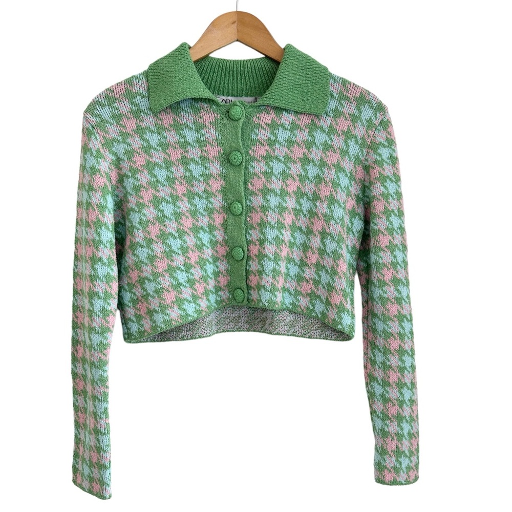 NWOT Zara Small Cardigan Sweater Collared Button Down Houndstooth Green PinkKnit